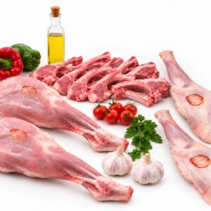 Cordero lechal entero despiezado con dos piernas, dos paletillas y chuletas